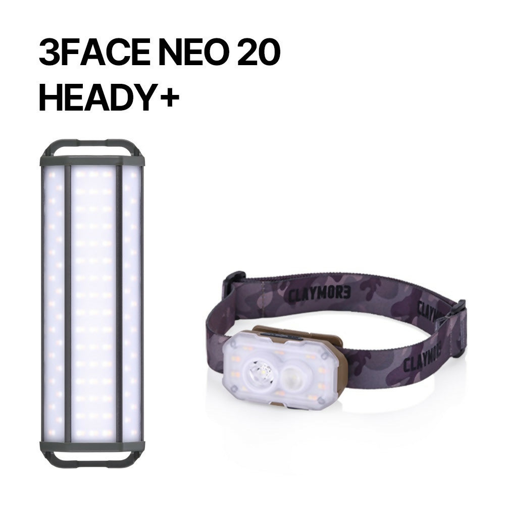 [크레모아] 3페이스 네오 20 LED 캠핑랜턴 + Heady+ 헤드랜턴 충전식 LED 라이트 (Tan) 번들